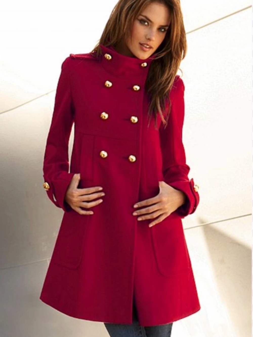 Via Spiga Double-Breasted Red Wool-Blend Military Coat with Gold Buttons